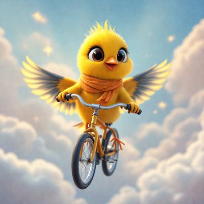 The primary subject of the image is a yellow bird, which is the main focus of the scene. The bird is riding a bicycle in the air, with its wings spread out. The setting is a cloudy sky, which serves as the backdrop for the bird's flight. The visual style of the image is a combination of digital art and illustration, creating a whimsical and imaginative scene. The dominant colors in the image are yellow and blue, which contribute to the overall atmosphere of the scene.